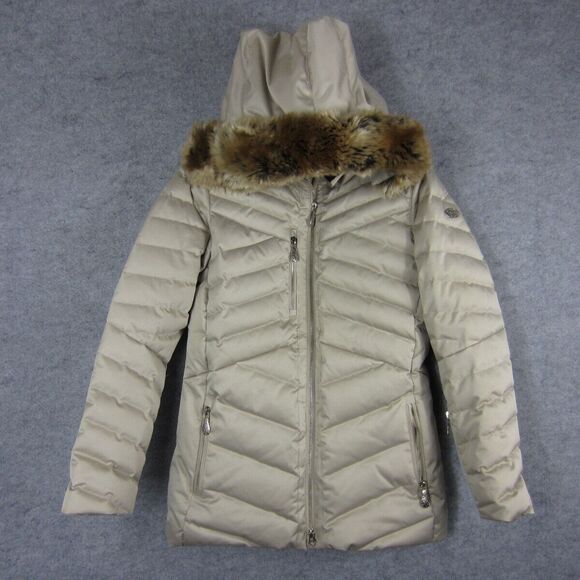 Nils Puffer Coat Jacket Womens 4 Beige Tan Faux Fur Hood Down Quilt Winter Snow